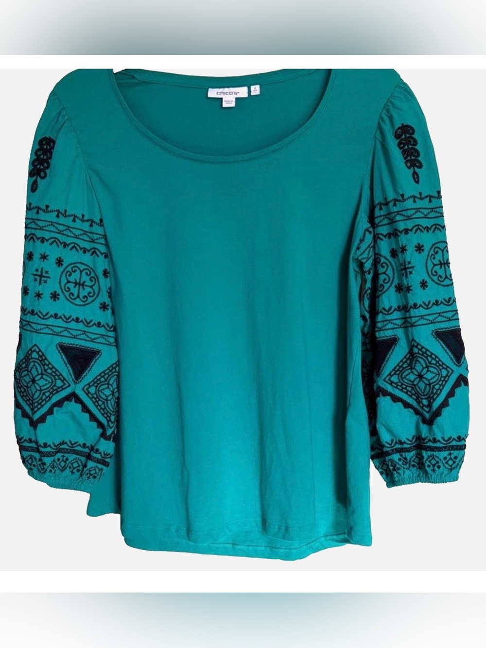 Chico’s Size 2 L Teal Embroidered Peasant Top Balloon Sleeve Boho